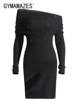 Женские платья трапециевидной формы из минималистичного трикотажа GYMAMAZES с диагональным воротником, длинным рукавом и открытыми плечами, облегающее платье-пуловер для женщин  4
