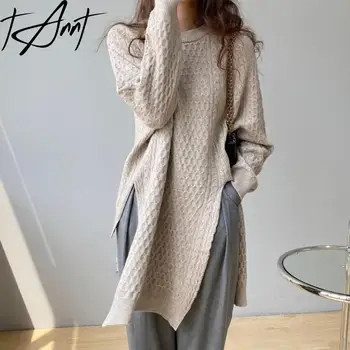 Женские свитера Tannt, асимметричный бело-серый пуловер с разрезом, свитера неправильной формы, длинный вязаный пуловер для женщин, новинка 2023 года  5