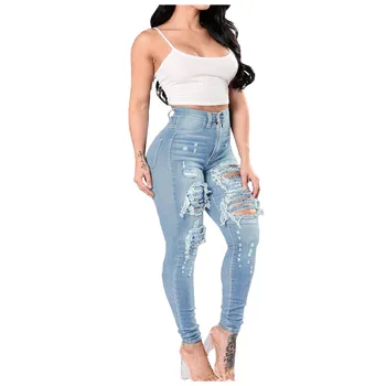 Женские сексуальные джинсы с рваными отверстиями, модные выстиранные эластичные брюки с высокой талией Y2k, брюки больших размеров, женские панталоны  5