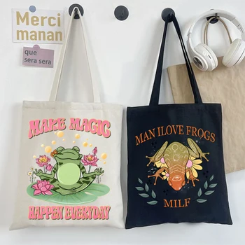 Женские сумки, парусиновая сумка-тоут с забавными лягушками, творят чудеса, повседневные сумки для покупок с принтом, эко-многоразовые дорожные сумки через плечо  5
