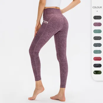 Женские штаны для йоги с принтом и карманами, высокая талия, подтягивающие бедра, обтягивающие спортивные брюки, высокоэластичные быстросохнущие однотонные брюки для фитнеса  5