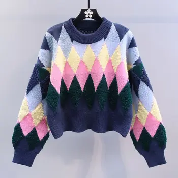 Женский зимний пуловер контрастного цвета в ромбическом стиле, вязаный в стиле пэчворк, с круглым воротником, пуловер с длинными рукавами, корейский свитер Q66  5
