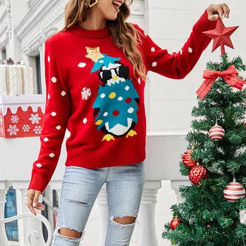 Женский зимний свитер с длинным рукавом, вязаный топ с рисунком пингвина, свитер в рождественском стиле, повседневный круглый вырез, забавный топ-толстовка  5