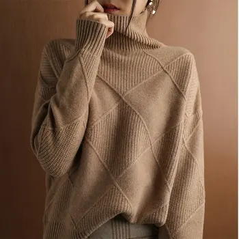 Женский коричневый свитер с высоким воротом 2023, осенний повседневный вязаный пуловер в рубчик с утолщением в уличном стиле, высокое качество, темперамент  5