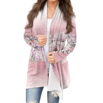 Женский модный повседневный кардиган с цветочным принтом, куртка средней длины, пальто, Новый модный Простой женский осенне-зимний топ 2023  0