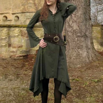 Женский осенний Средневековый готический костюм, однотонное платье миди в стиле стимпанк с длинным рукавом и нерегулярным подолом, винтажное платье для косплея на Хэллоуин  5