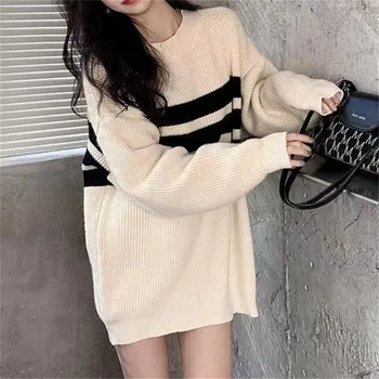 Женский свитер в ленивом стиле, новая осенне-зимняя верхняя одежда, пуловер из трикотажа с длинными рукавами, тренд на трикотаж.  5