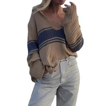 Женский свитер Женский контрастный модный универсальный вязаный топ в полоску с длинными рукавами  5