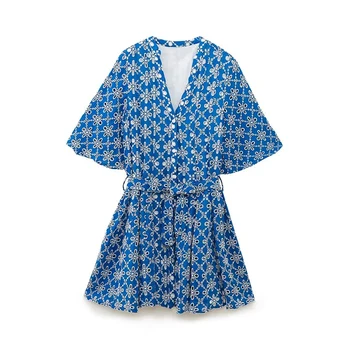 Женское мини-платье YENKYE 2023 с вышивкой на поясе, женское синее повседневное платье трапециевидной формы с коротким рукавом и V-образным вырезом  5