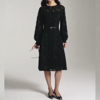 Женское осеннее Новое черное платье в объемный цветочек с поясом вокруг шеи, Элегантное базовое французское платье с длинными рукавами, женское 1640 г.  5