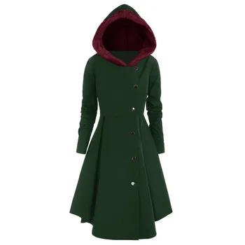 Женское пальто большого размера с длинным рукавом и капюшоном, однобортное пальто с асимметричной юбкой, элегантное осенне-зимнее винтажное пальто  5
