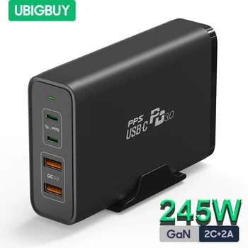 Зарядное устройство Ubigbuy 245 Вт USB C, GaN Pro с 4 Портами [2USB-C 100 Вт + 2USB-A 22,5 Вт] Зарядное устройство Type C, адаптер питания для сверхбыстрой зарядки  5
