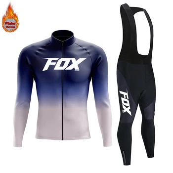 Зимняя одежда для велоспорта из флиса FOX TELEYI Team, мужской трикотажный костюм, уличная теплая одежда для верховой езды, комплект с длинными нагрудниками MTB  5