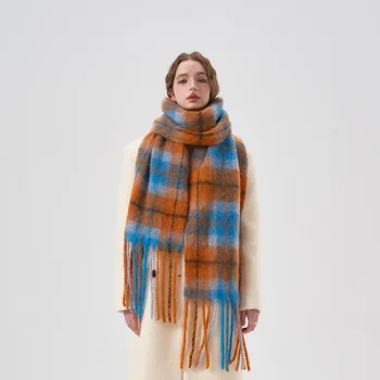 Зимняя шерстяная шаль в клетку из смеси альпаки, шарф в клетку разных цветов, женский мохеровый клетчатый шарф  5