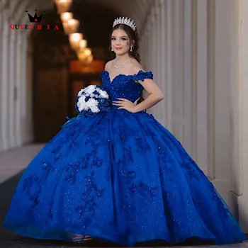 Изысканное бальное платье Королевского синего цвета, Пышные платья С открытыми плечами, Милое платье 16 vestido de quinceañera 2023, Сшитое на заказ LJ55  2