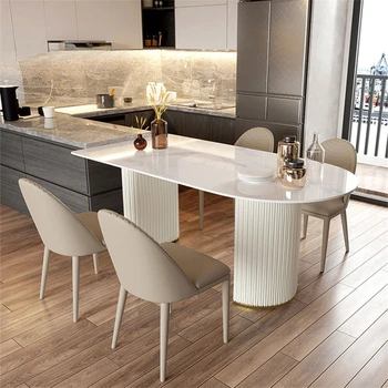 Итальянские минималистичные обеденные столы из шифера для столовой, современные столики для небольших квартир, дизайнерский полукруглый обеденный стол  5