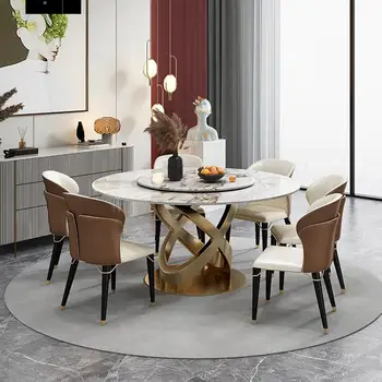 Итальянский Мягкий Роскошный Обеденный стол Rock Board Поворотный стол Современная Простая Бытовая мебель для кухонного стола и стула  5