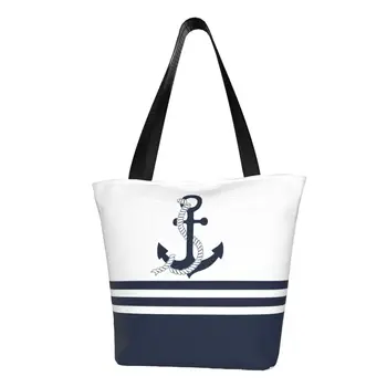 Кавайный принт, морские синие якоря в полоску, сумка для покупок, переносная Холщовая сумка для покупок, парусная сумка для моряков  5