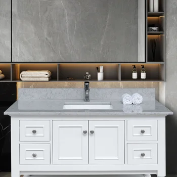 Каменная столешница для ванной комнаты серого цвета искусственного мрамора с керамической раковиной снизу и одним отверстием для крана с обратной панелью  5