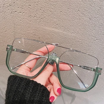 Квадратные очки большого размера в ретро-стиле, Полуметаллическая оправа для очков, женские прозрачные очки с двойными мостиками, мужские оптические оправы  5