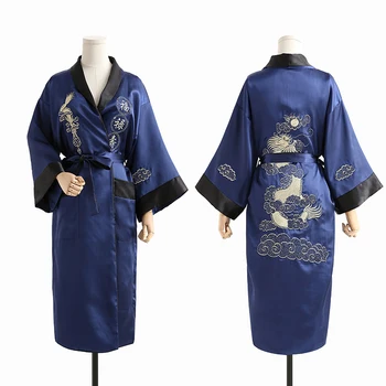 Китайское женское темно-синее платье-кимоно с черным драконом, новинка, повседневный халат, высококачественная вышивка, халат, пижама, неглиже для отдыха  10