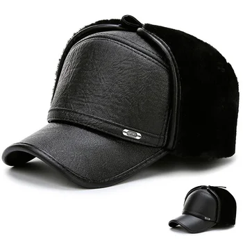 Кожаная шляпа среднего и пожилого возраста, мужская зимняя кепка для защиты ушей, шляпа старика, зимняя бейсболка и толстая плюшевая теплая старая  5