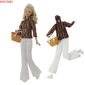Комплект модной одежды для куклы Барби, куртка со стоячим воротником, Белые брюки, Обувь, сумочка для куклы Барби, аксессуары для кукол 1/6, Детские игрушки  5