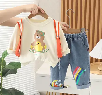 Комплект одежды для младенцев с героями мультфильмов 2023 года, толстовки и джинсы с длинными рукавами и медведем для мальчиков в корейском стиле, повседневные спортивные костюмы, одежда для малышей  5