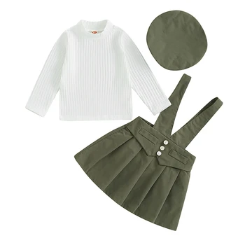 Комплект осенней одежды BeQeuewll для маленьких девочек из 3 предметов, топы в рубчик с длинными рукавами, юбка на подтяжках и шляпа, элегантный комплект детской одежды  5