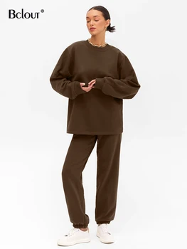 Комплекты зимних вязаных штанов Bclout, женские модные свободные толстовки с круглым вырезом и длинным рукавом, повседневные коричневые толстые брюки-карандаш, костюмы  5
