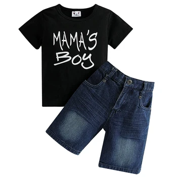 Комплекты из 2 предметов, Летняя одежда для маленьких мальчиков, повседневные модные топы с надписью + джинсовые шорты, Детская бутик-одежда BC2274  4