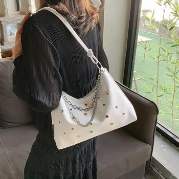 Корейская версия женских сумок большой емкости, новинка лета 2023, универсальные повседневные сумки через плечо с цепочкой и радужным кристаллом  5