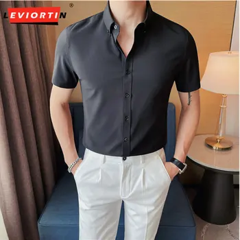 Корейская версия трендовой красивой рубашки с тонким отворотом, дюймовая рубашка 2023, новая летняя мужская красивая однотонная рубашка с короткими рукавами  5