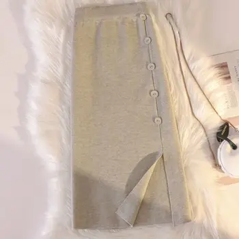 Корейская трикотажная юбка средней длины в пол, с завышенной талией и универсальным дизайном, шерстяная юбка-трапеция с запахом на ягодицах, женские топы  5