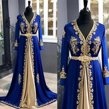 Королевский синий Марокканский Кафтан Мусульманские вечерние платья трапециевидной формы с V-образным вырезом и длинными рукавами Аппликации Дубай Арабский Турецкий Кафтан Исламское платье  5
