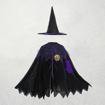 Косплей Костюм для девочек на Хэллоуин, Черный Плащ с остроконечной шляпой Волшебника, Вечерние платья + Шляпа, Кепка, Одежда, Детский костюм  5