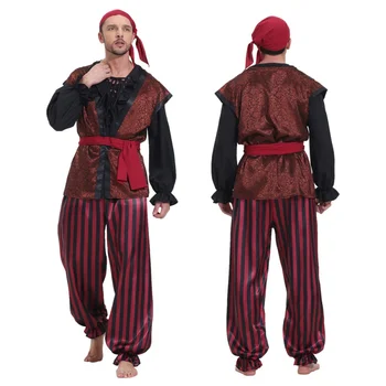 Костюм пирата для взрослых, костюм на Хэллоуин для мужчин, косплей, средневековая рубашка, пиратские штаны, жилет, одежда викингов, плюс размер, с платком  5