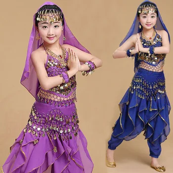 Костюмы для танца живота для девочек, одежда для танца живота, детская одежда для восточных современных танцев, одежда для выступлений на сцене, Детская танцевальная одежда для Индии  5