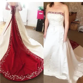 Красно-белое готическое свадебное платье, винтажное платье с открытыми плечами, атласный корсет с вышивкой, свадебное платье с вышивкой, большие размеры: 2  2