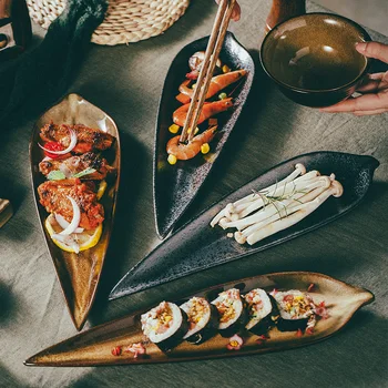Креативная керамическая тарелка с листьями в японском стиле, блюдо необычной формы, персонализированный набор блюд для суши в ресторане  5