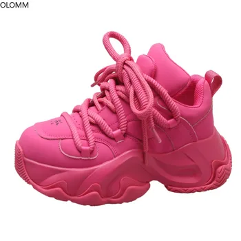 Кроссовки женские с круглым носком на платформе и высоком каблуке Розовые туфли для девочек на шнуровке 3 цвета Новинка 2023 года  5