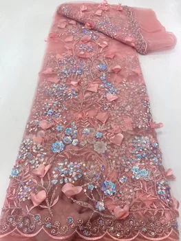 Кружевная ткань с 3D вышивкой, свадебное платье для вечеринок, Женская Нигерийская аппликация, Сетка из бисера, Африканский тюль, высококачественная Французская сетка с блестками  5