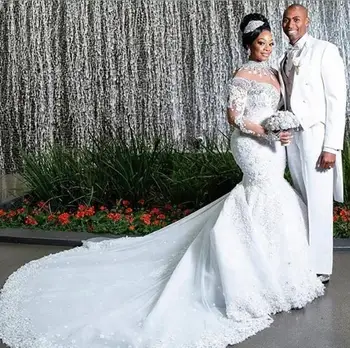 Кружевное свадебное платье в стиле Африканской русалки большого размера, расшитое бисером вручную, свадебное платье на заказ 2023  5