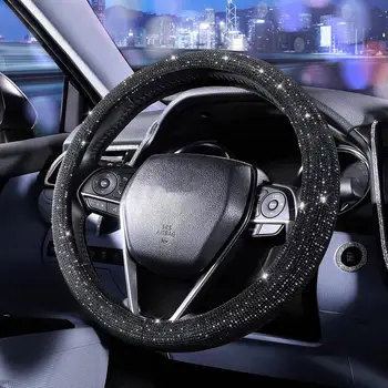 Крышка рулевого колеса автомобиля со сверкающими кристаллами, защита рулевого колеса внедорожника, Автомобильное украшение из углеродного волокна  4