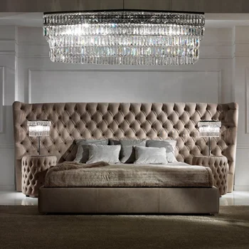 Легкая Роскошная Новейшая дизайнерская мебель для спальни из дерева размера Queen Size Двуспальная кровать с полным каркасом из ворса и большим изголовьем  5