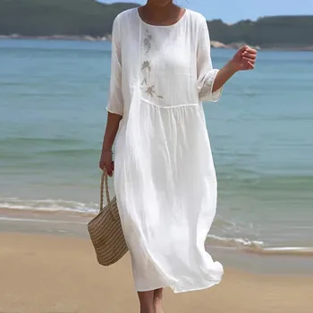 Летнее пляжное платье с цветочным рисунком, коротким рукавом и круглым вырезом, платье с вышивкой, Темпераментное Шифоновое облегающее платье для женщин Elegantes Y Bonitos  5