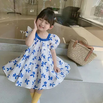 Летнее повседневное хлопковое платье с короткими рукавами и голубыми бабочками для маленьких девочек, милые наряды, милая юбка для детей 2-8 лет  5