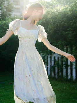Летнее Романтическое Женское платье-фея, Винтажные Шикарные платья принцессы с цветочным принтом и пышными рукавами для вечеринки Vestido Festa  5