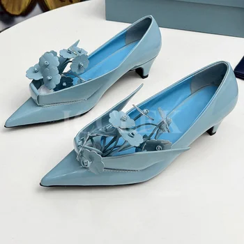 Летние новые женские туфли-лодочки из натуральной кожи Материал Банкетный Неглубокий Женский высокий каблук Цветочный дизайн Простота одиночных туфель  5