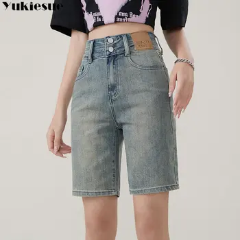 Летние универсальные женские джинсовые шорты Harajuku в корейском стиле с карманами на высокой талии, шикарные Прямые Свободные женские джинсовые шорты  5